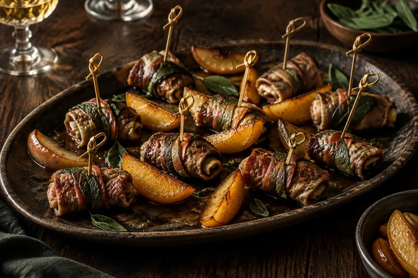 Mini-Saltimbocca-Röllchen mit karamellisierten Apfelspalten auf einer Servierplatte