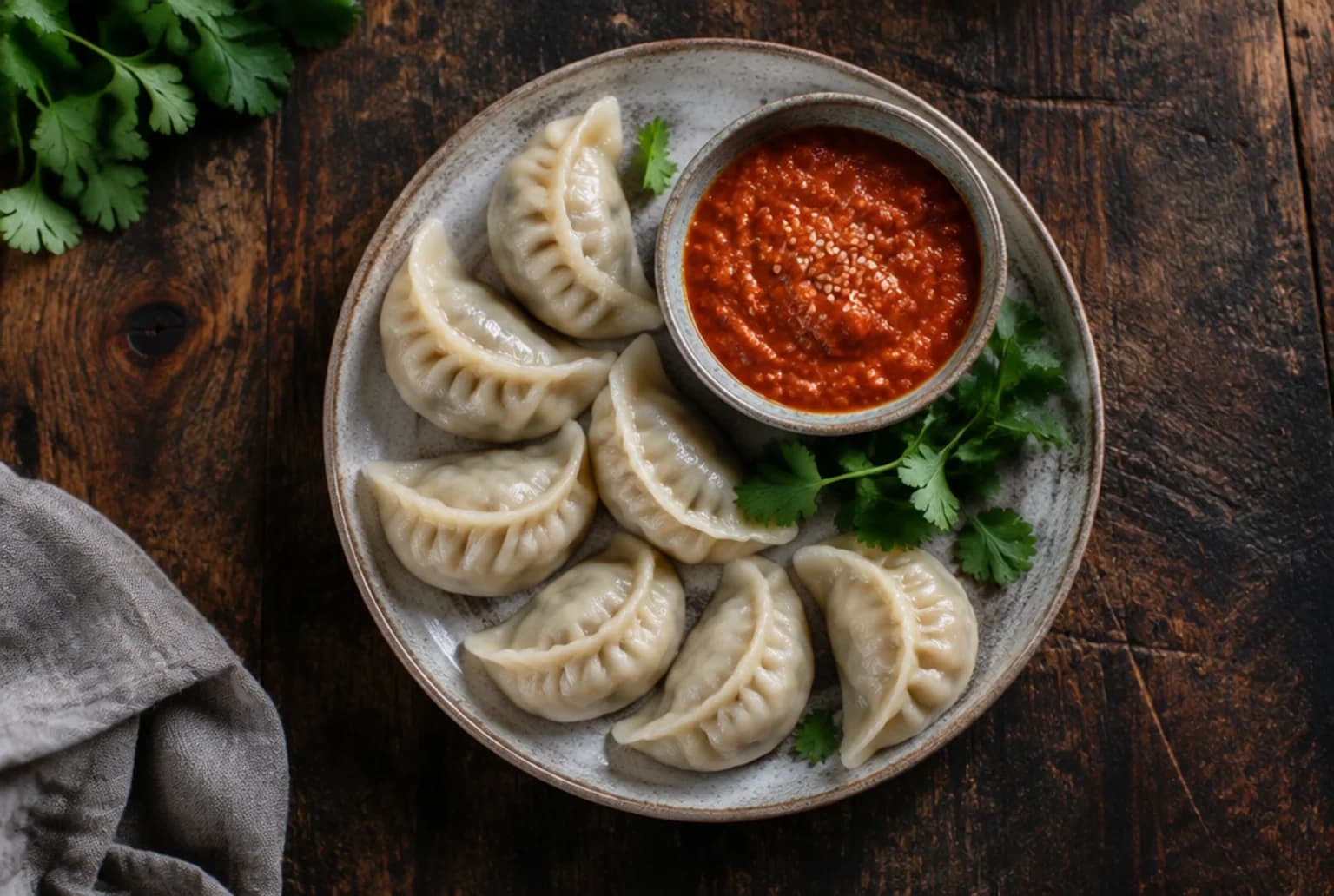 Gedämpfte Momos auf einem Teller mit Tomaten-Chutney und frischem Koriander