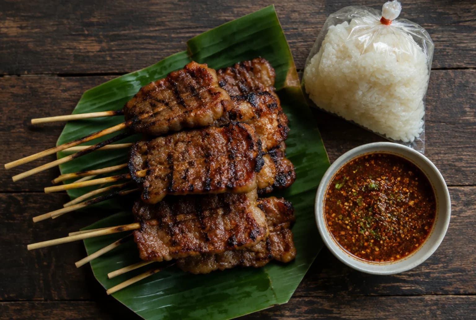 Moo Ping: gegrillte Schweinespiessli mit karamellisierten Kanten auf einem Bananenblatt mit Klebreis