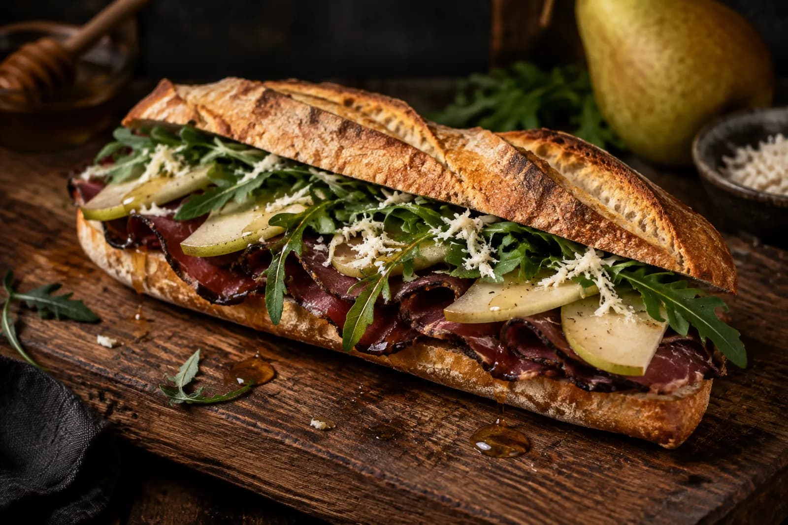 Mostbröckli-Baguette mit Birne, Meerrettich und Rucola