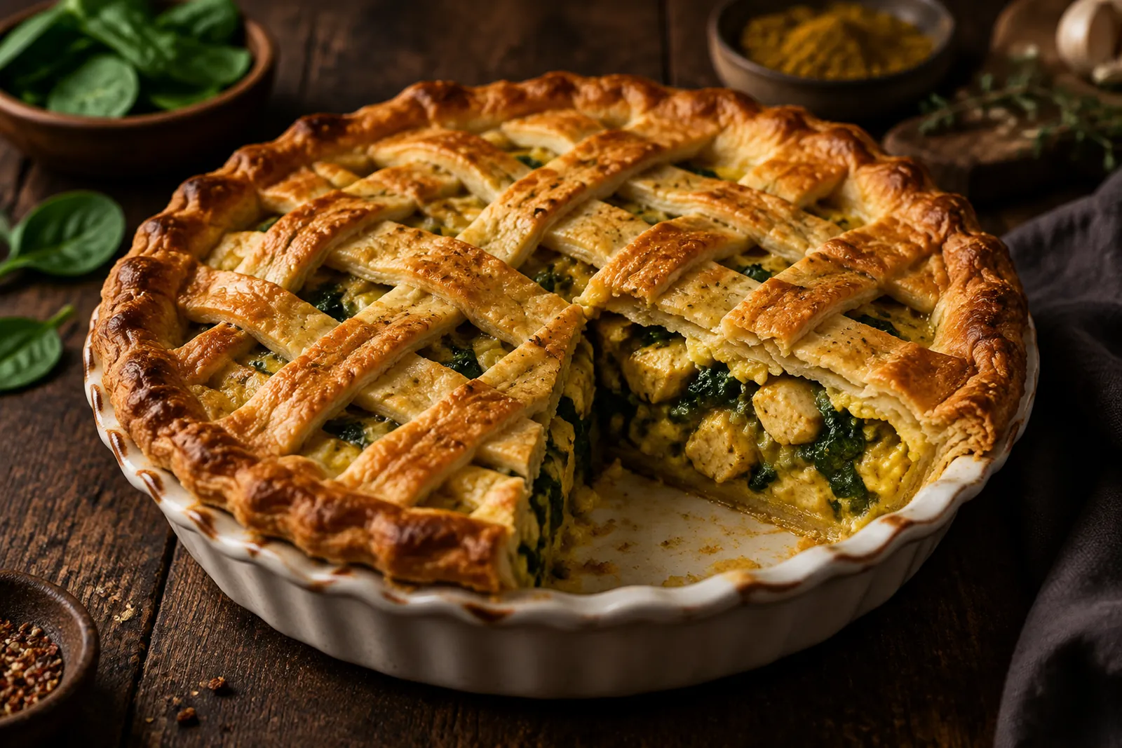 Angeschnittener Mürbeteig-Pie mit Pouletcurry-Spinat-Füllung und geflochtener Teigdecke