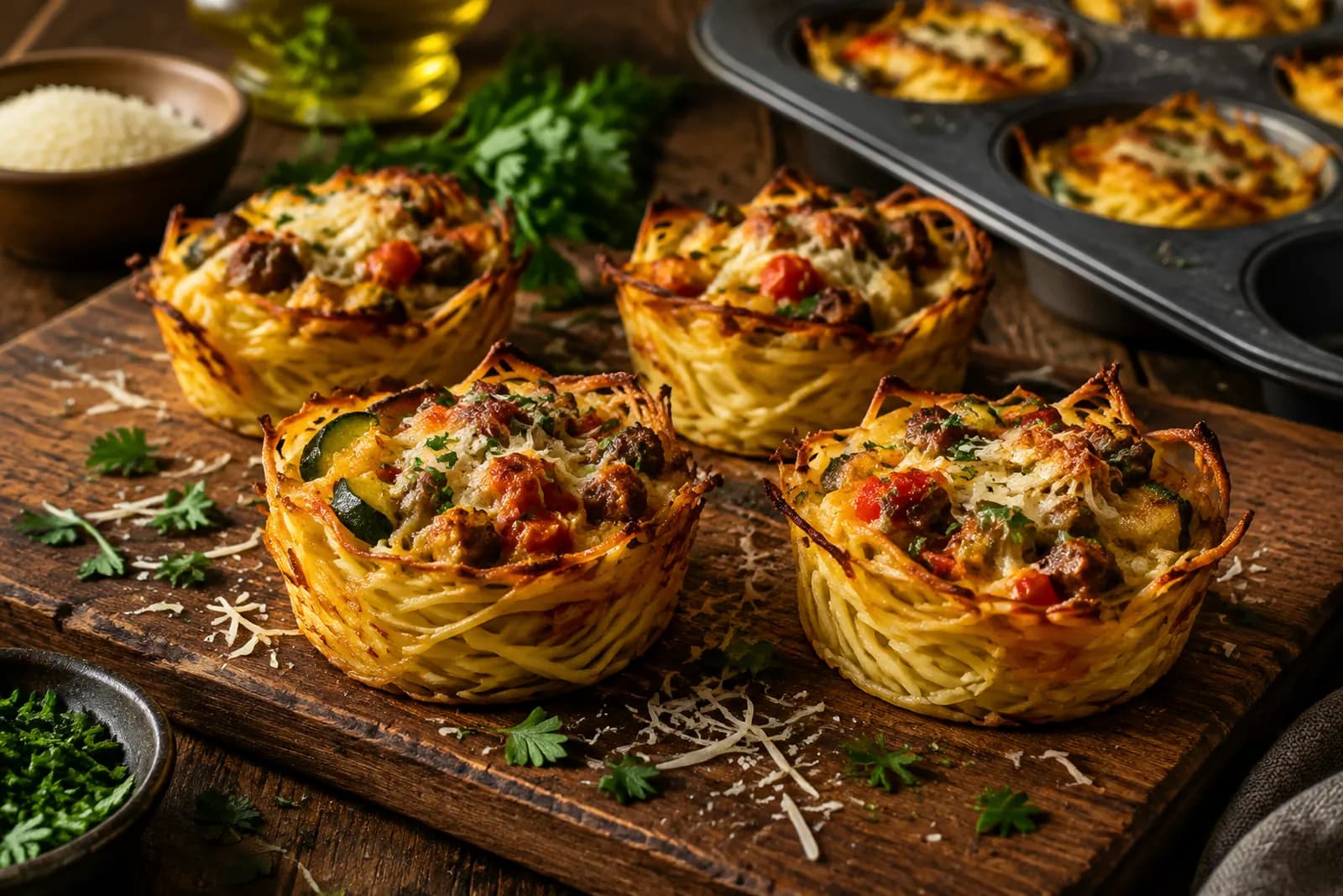 Knusprige Nudel-Gemüse-Nestchen mit Fleischwürfeln auf einem Brett vor einem Muffinblech