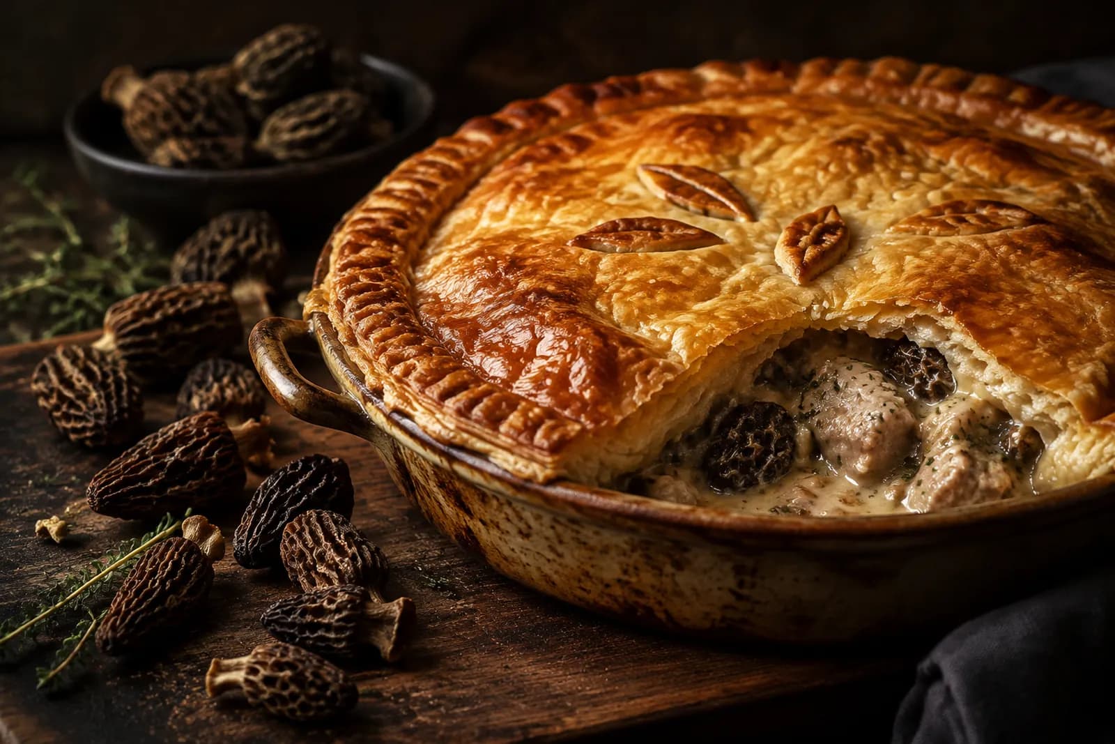 One-Crust-Pie mit goldbrauner Blätterteigdecke auf einer Gratinform, daneben Morcheln