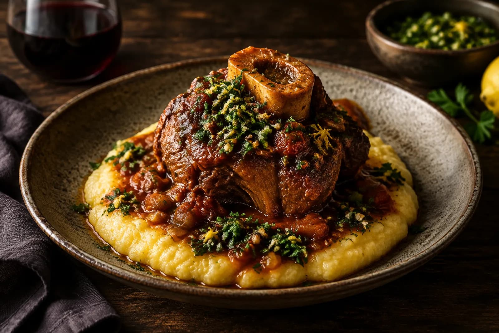 Geschmorte Schweinshaxe Ossobuco-Art mit Polenta und Gremolata