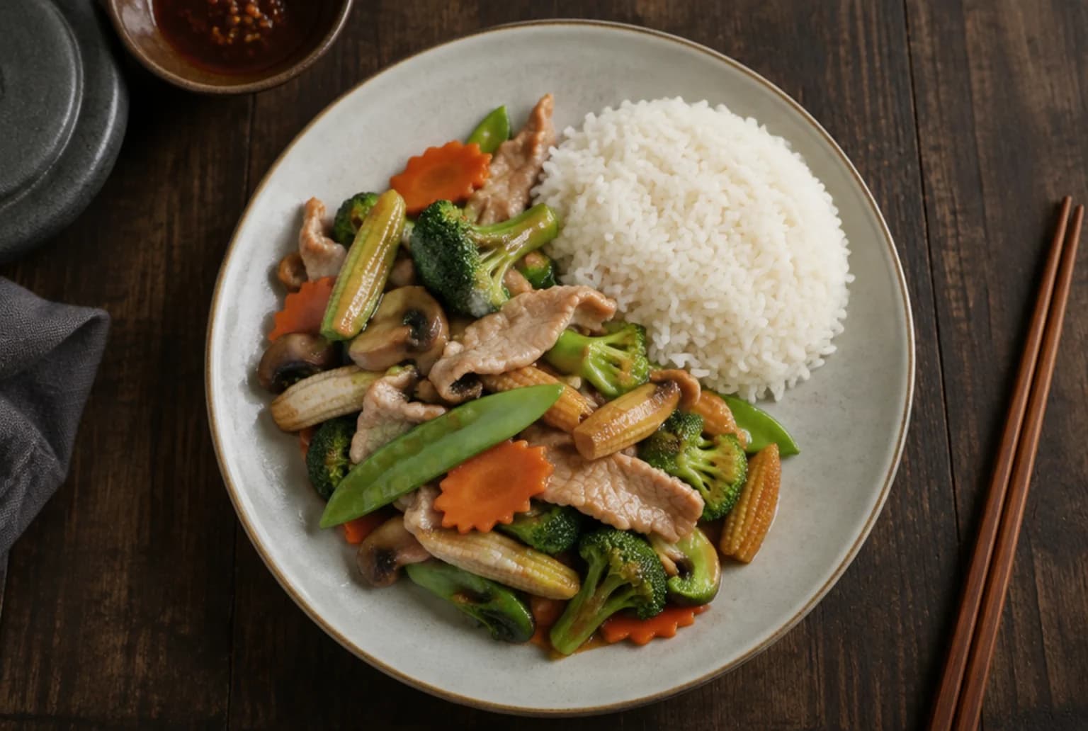 Pad Pak Ruam Mit: thailändische Gemüsepfanne mit Schweinefleisch und Jasminreis