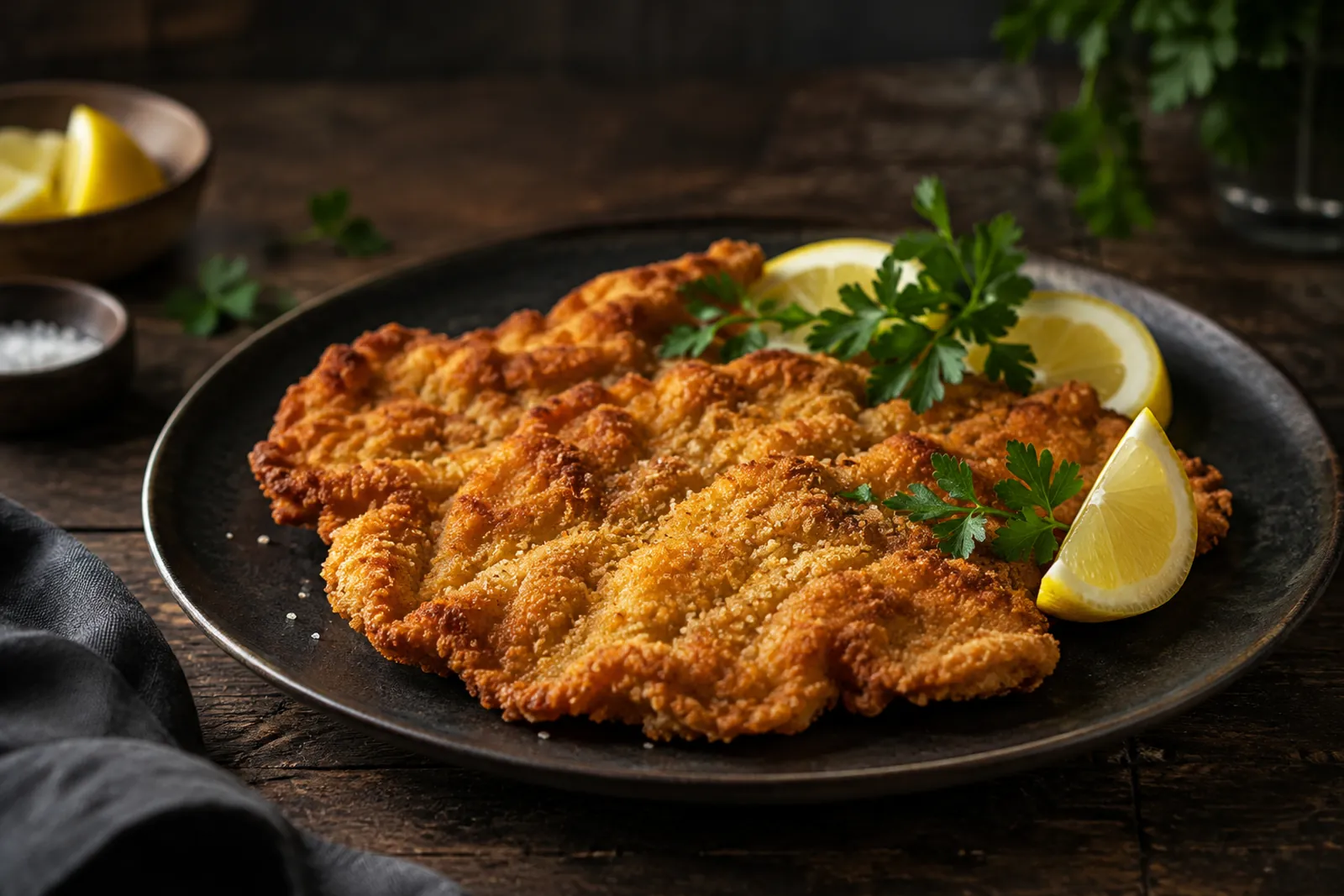 Goldbraun paniertes Schweinsschnitzel mit Zitrone und Peterli auf einem Teller