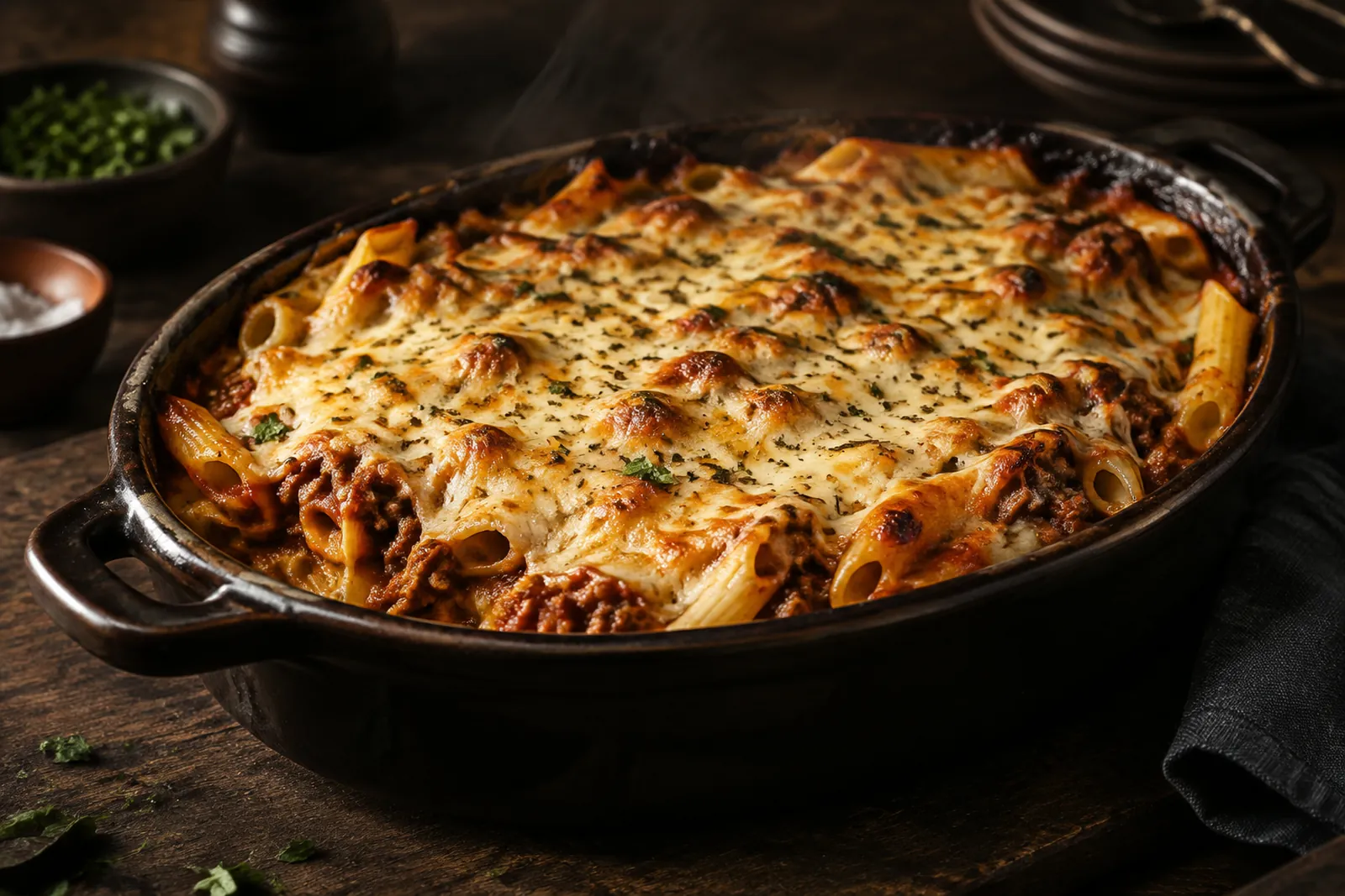 Pasta-Gratin mit Fleischsugo unter goldbrauner Käsekruste