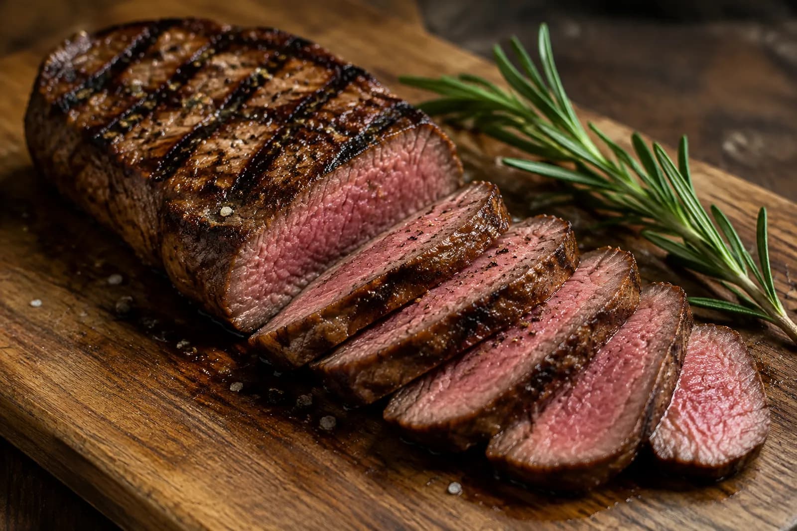 Gegrilltes Petit Tender mit dunkler Kruste, angeschnitten in rosa Tranchen auf einem Holzbrett