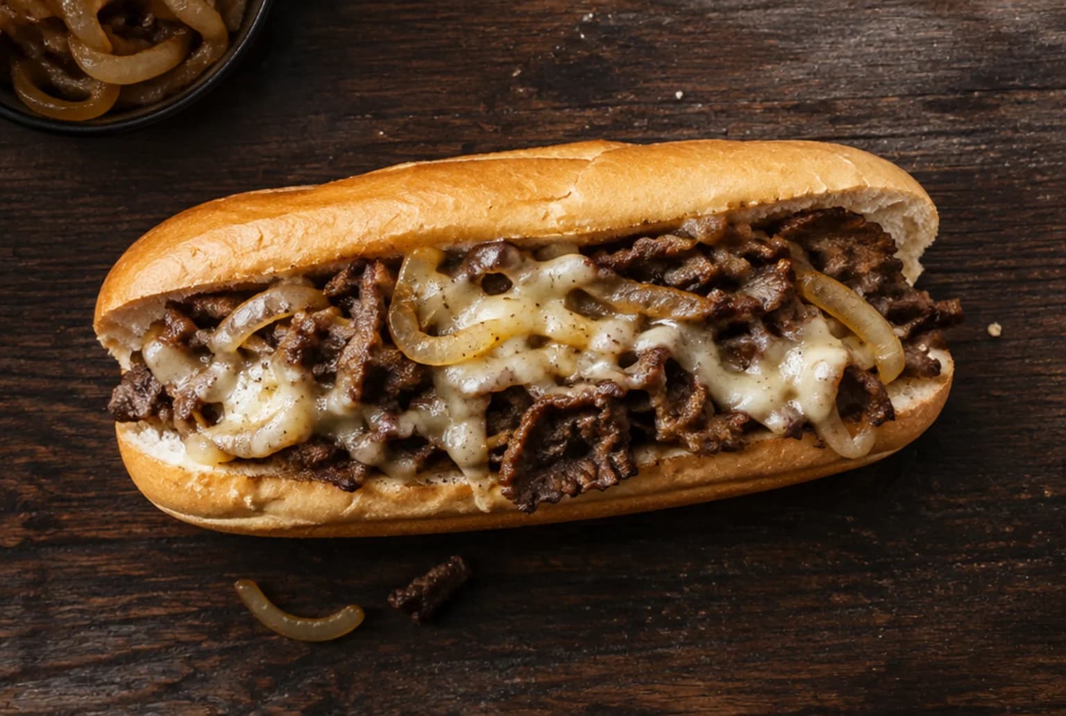 Philly Cheesesteak: dünn geschnittenes Rindfleisch mit Zwiebeln und geschmolzenem Käse in einem weichen Brötchen