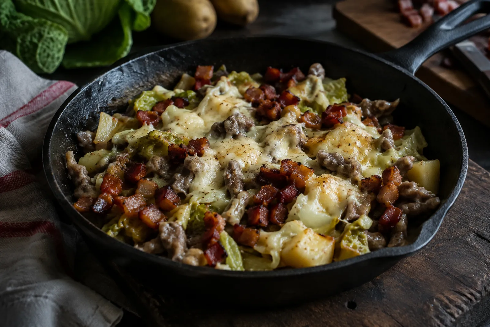 Pizokel mit Wirz, Kartoffelwürfeln, knusprigen Speckwürfeli und geschmolzenem Bergkäse in einer schwarzen Gusseisenpfanne