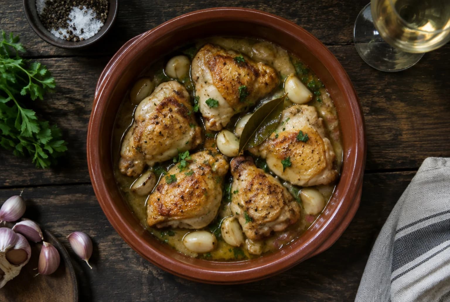 Pollo al Ajillo: goldbraune Pouletstücke in der Cazuela mit Knoblauchzehen und Weissweinsauce