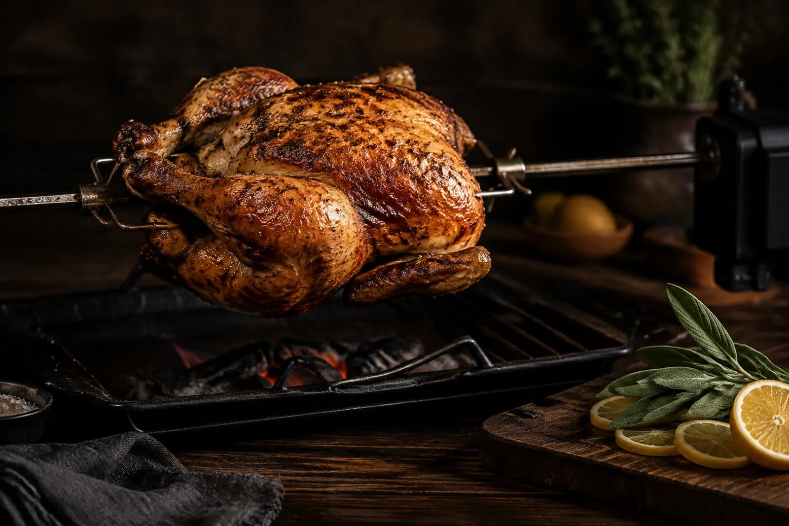 Poulet am Spiess mit Zitrone und Salbei