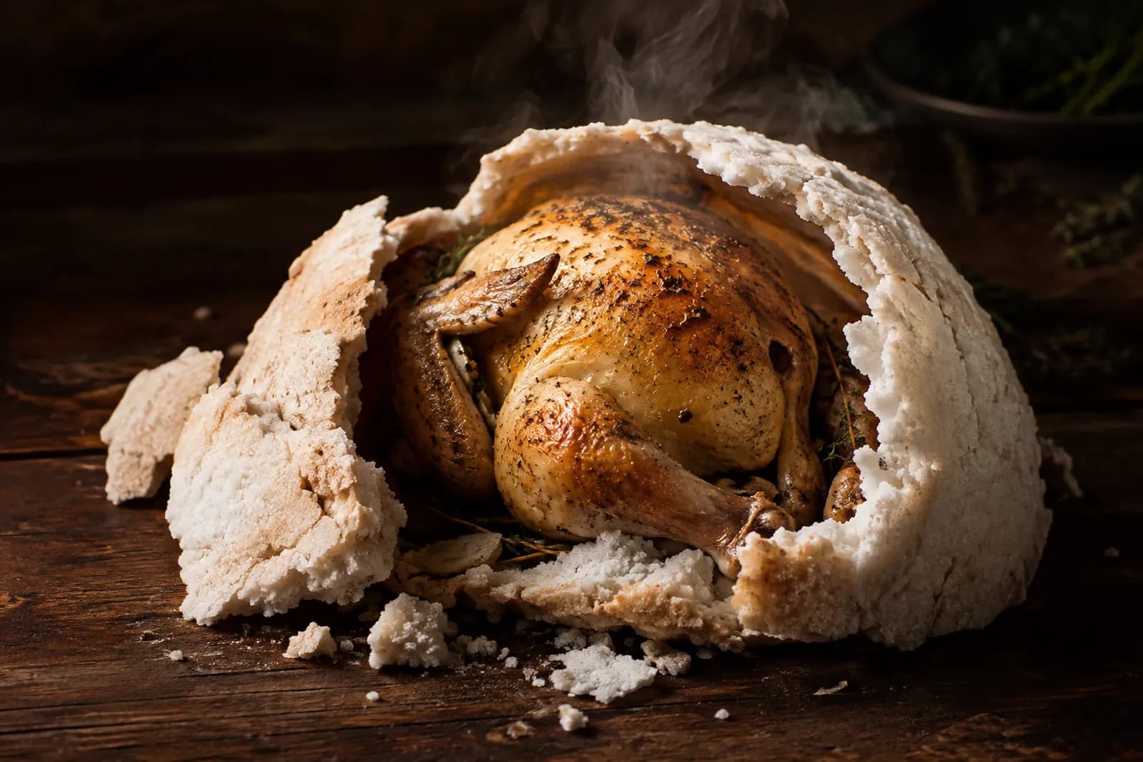 Poulet in gehackter Salzkruste auf einem Brett, teils aufgebrochen mit dampfendem Fleisch