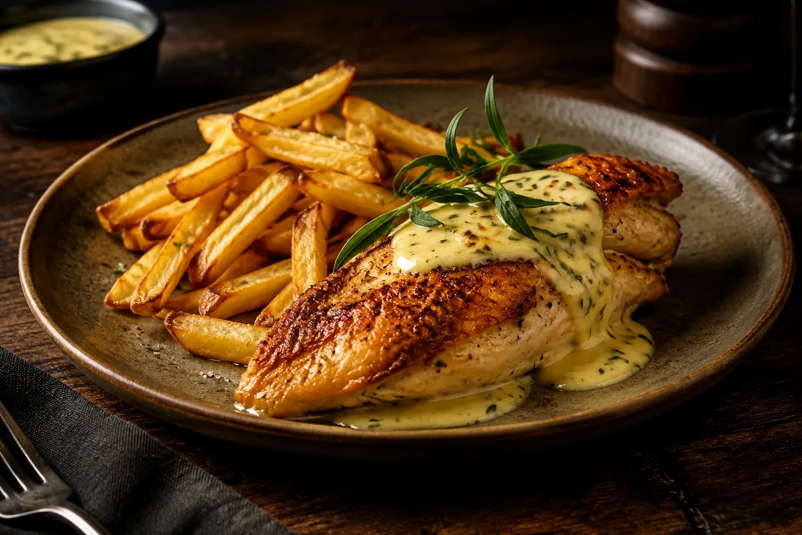 Gebratenes Poulet Supreme mit Sauce Béarnaise und Pommes auf einem Teller