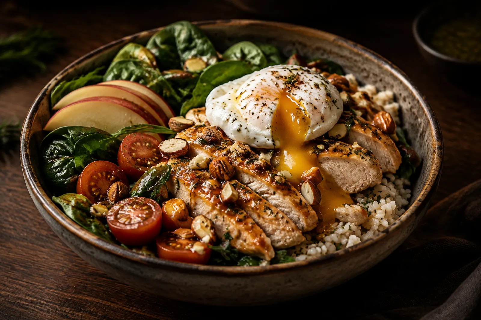 Pouletbowl mit Spinat und pochiertem Ei