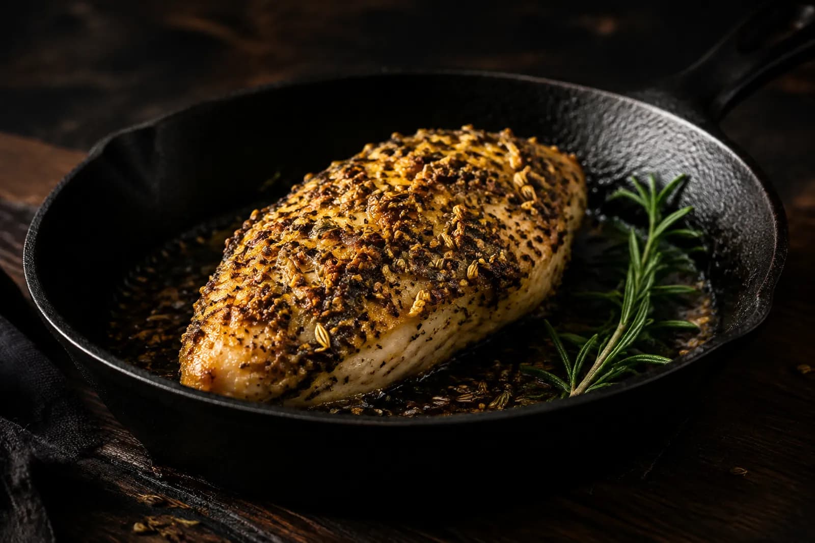 Pouletbrust mit Senf-Fenchelsamen-Kruste in der Pfanne mit Rosmarin angeschnitten