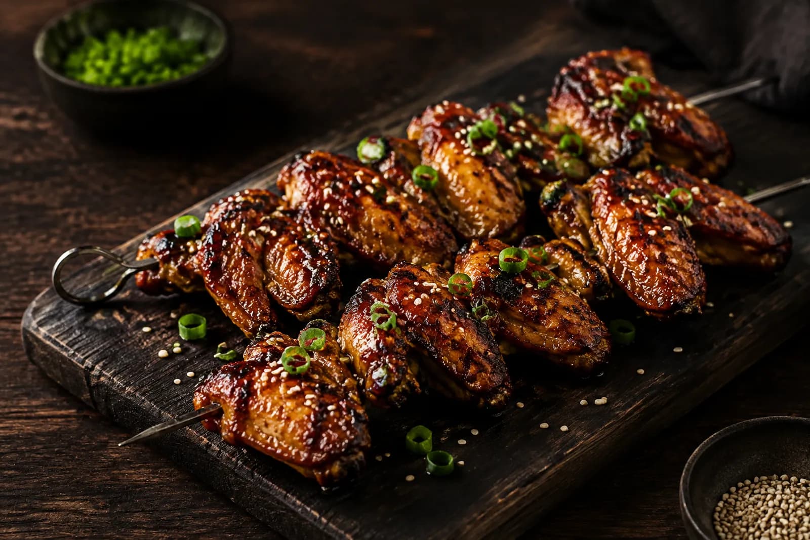 Knusprige Pouletflügel-Spiesse mit glänzender Glasur auf dem Grill