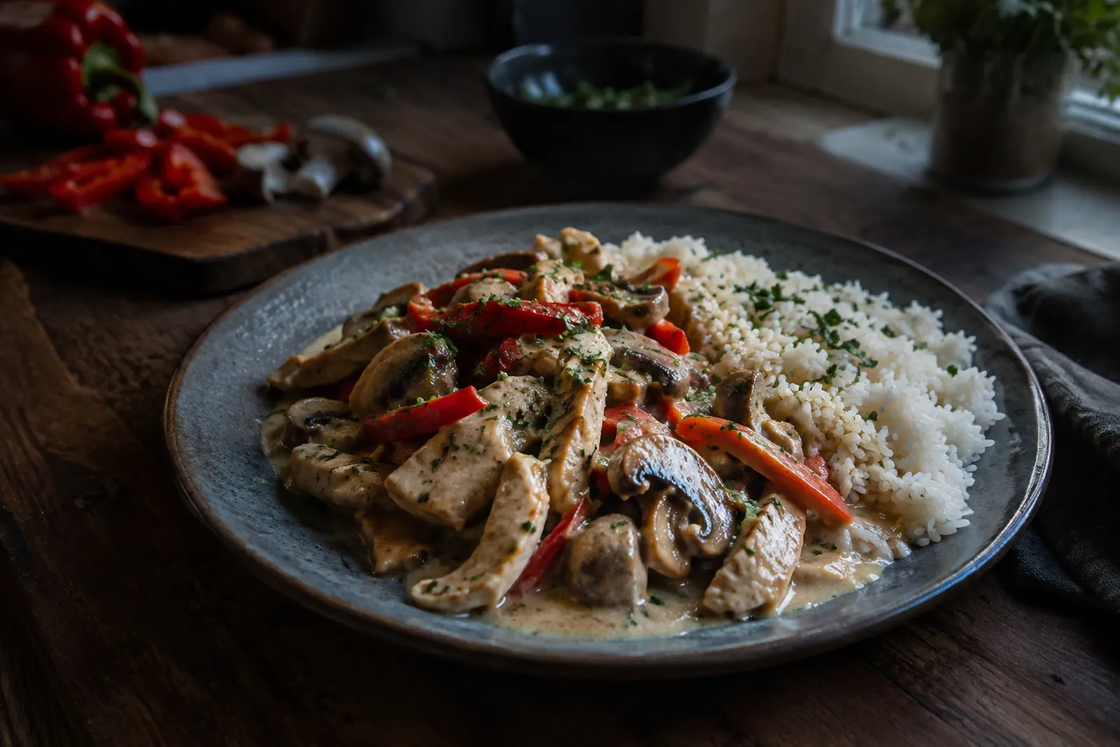 Pouletgeschnetzeltes in heller Rahmsauce mit Champignons und Peperoni, daneben Reis
