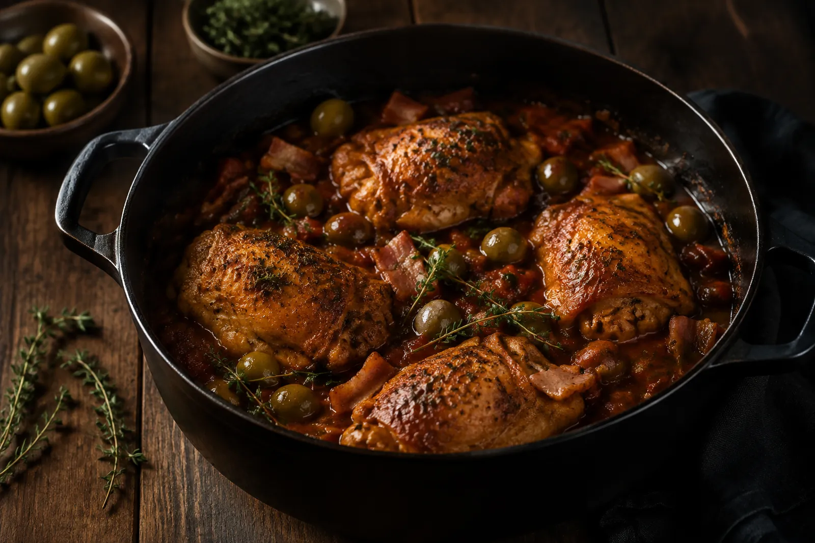 Pouletschenkel geschmort mit Oliven und Speck
