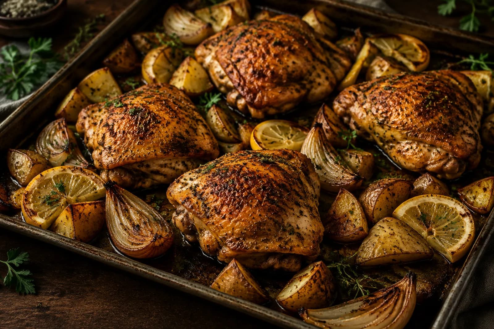 Pouletschenkel mit knuspriger Haut auf gerösteten Kartoffeln und Zwiebeln vom Blech