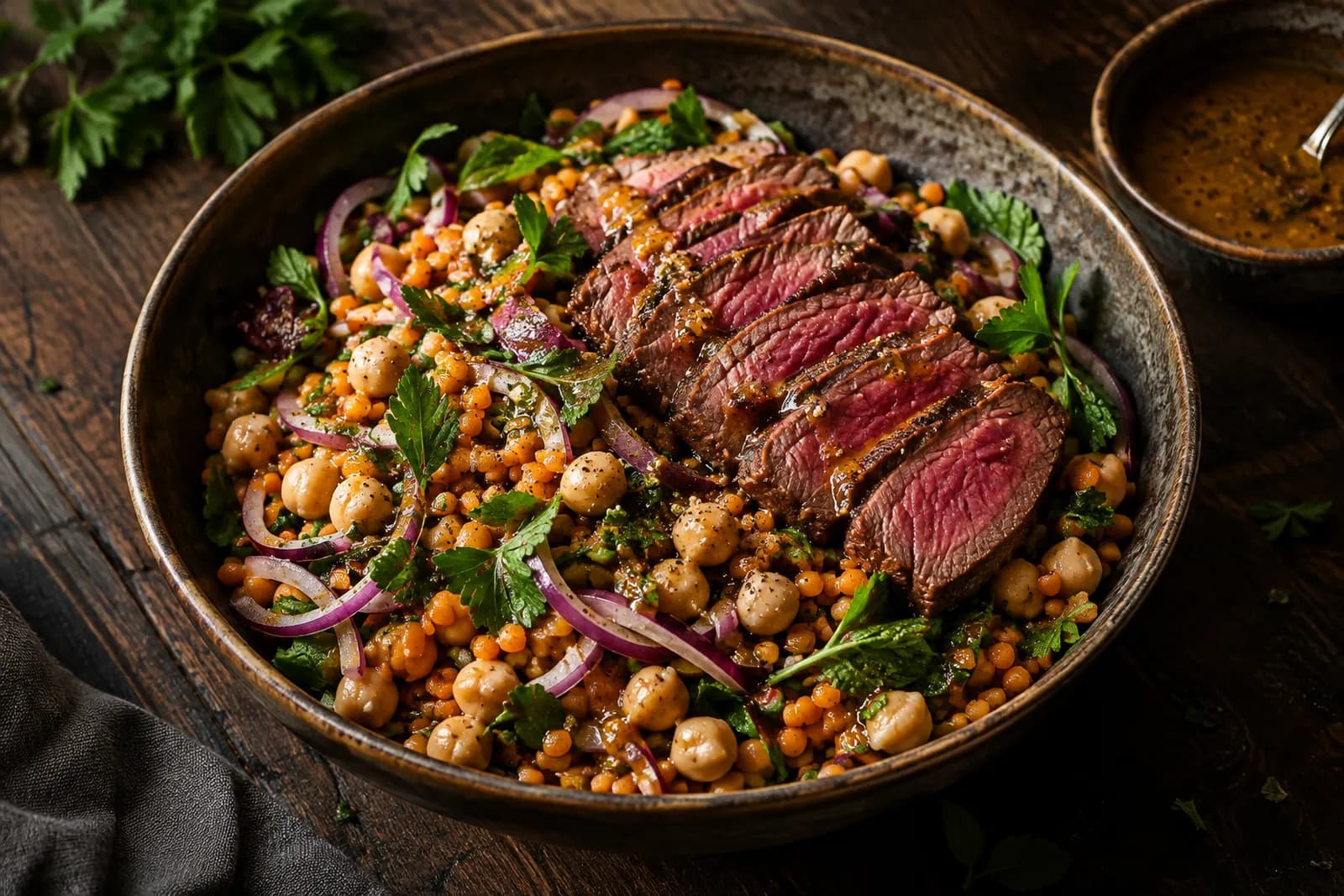 Linsen-Kichererbsen-Salat mit fächerförmig aufgeschnittenem, rosa gebratenem Huftsteak