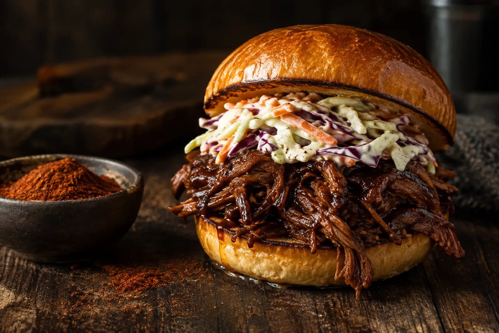 Pulled Beef Burger mit Paprika-Chili-Rub und Coleslaw