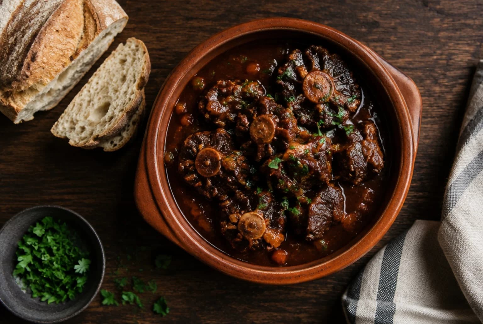 Rabo de Toro: geschmorter Ochsenschwanz in dunkler Rotweinsauce in der Cazuela