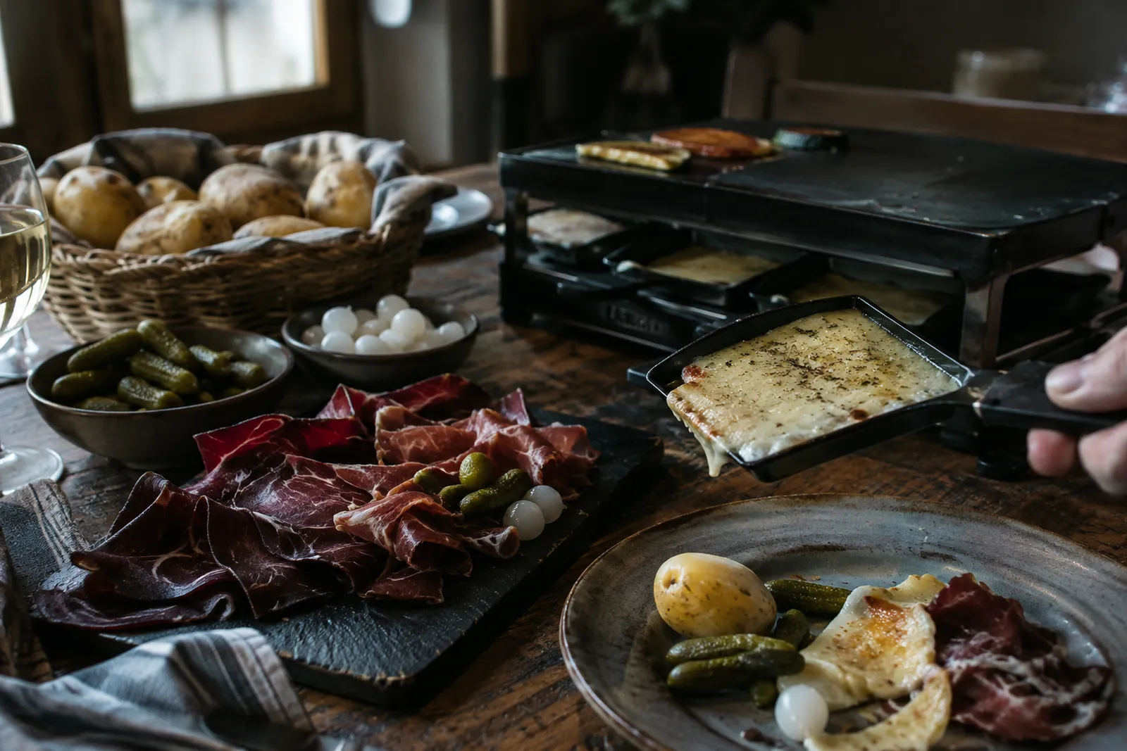 Raclette-Tisch mit Gschwellti im Körbchen, Essiggurken, Silberzwiebeln, Fleischplatte mit Trockenfleisch und Pfännli mit geschmolzenem Käse
