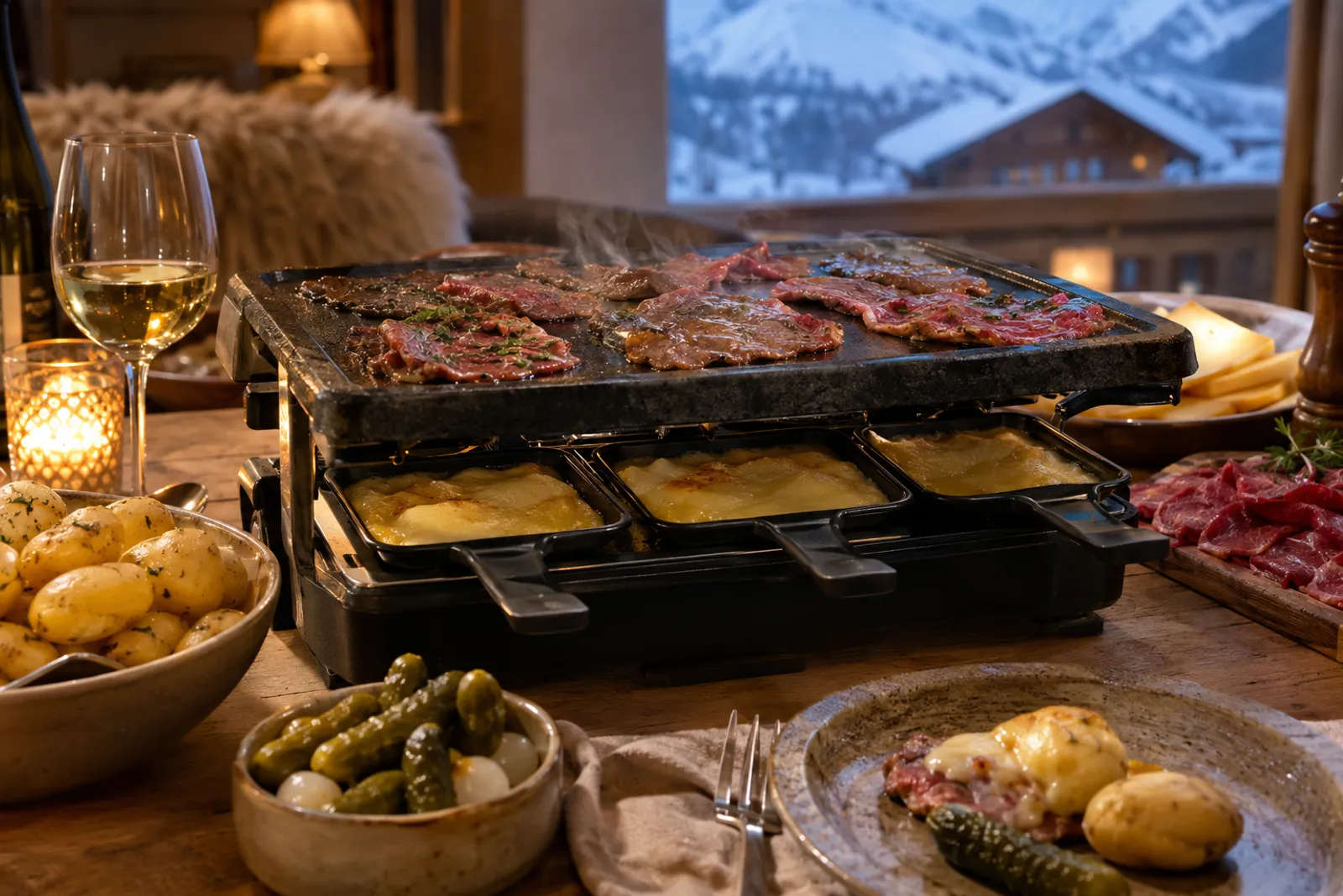 Dünne Rindfleischstreifen auf einem Raclette-Tischgrill neben Gemüse