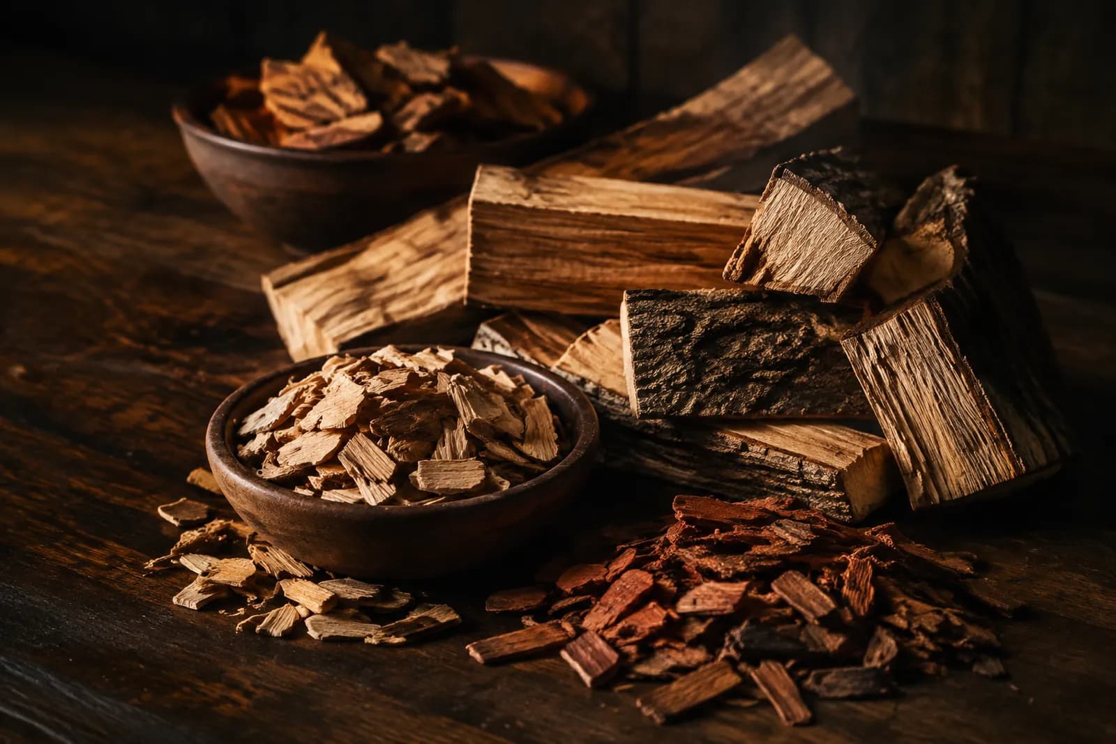 Verschiedene Räucherhölzer: Apfel-Chips, Hickory-Chunks und Eichenscheite
