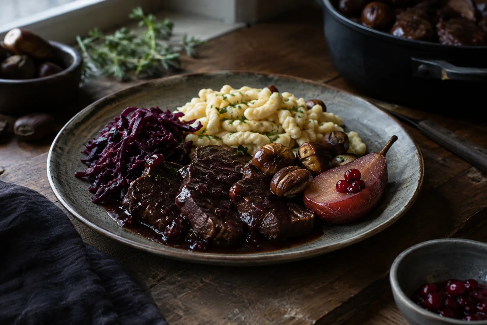 Rehpfeffer in dunkler Rotweinsauce mit Spätzli, Rotkraut, Marroni und Preiselbeerbirne