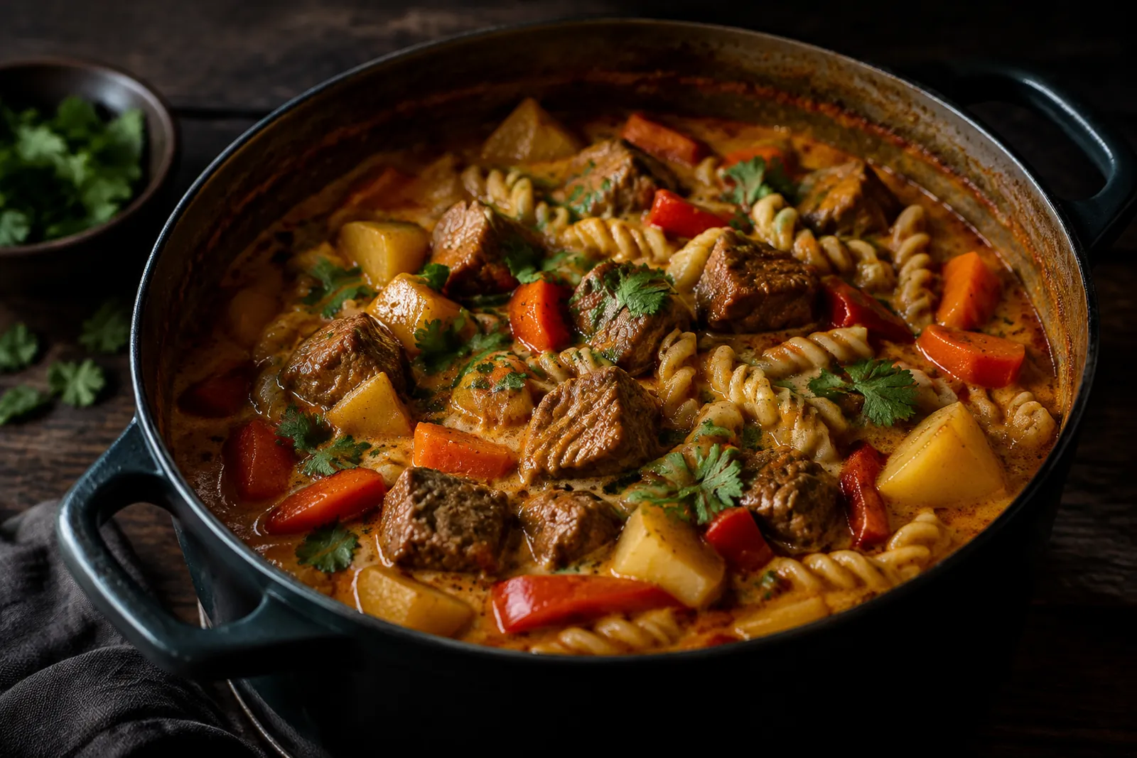 Rinds-Curry-Eintopf mit Nudeln