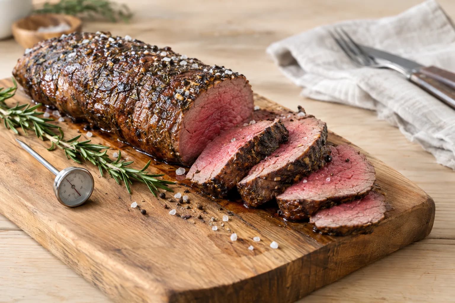 Rindsfilet am Stück mit Thermometer und gebräunter Kruste