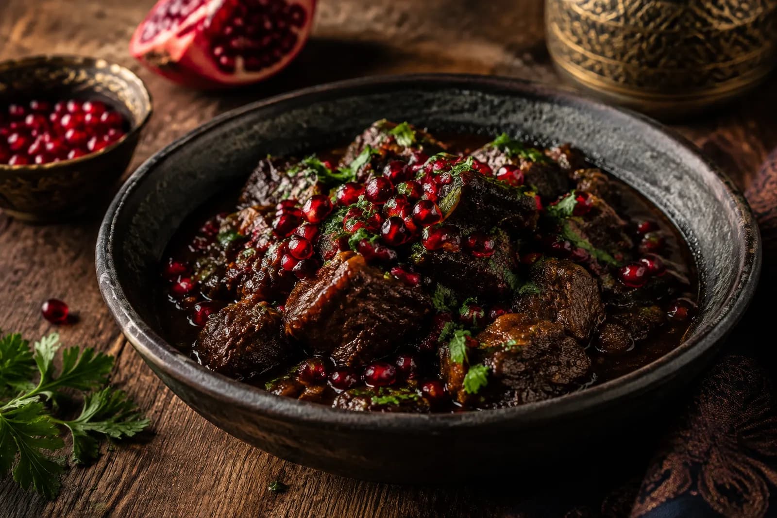 Rindswürfel an Rotwein mit Granatapfel