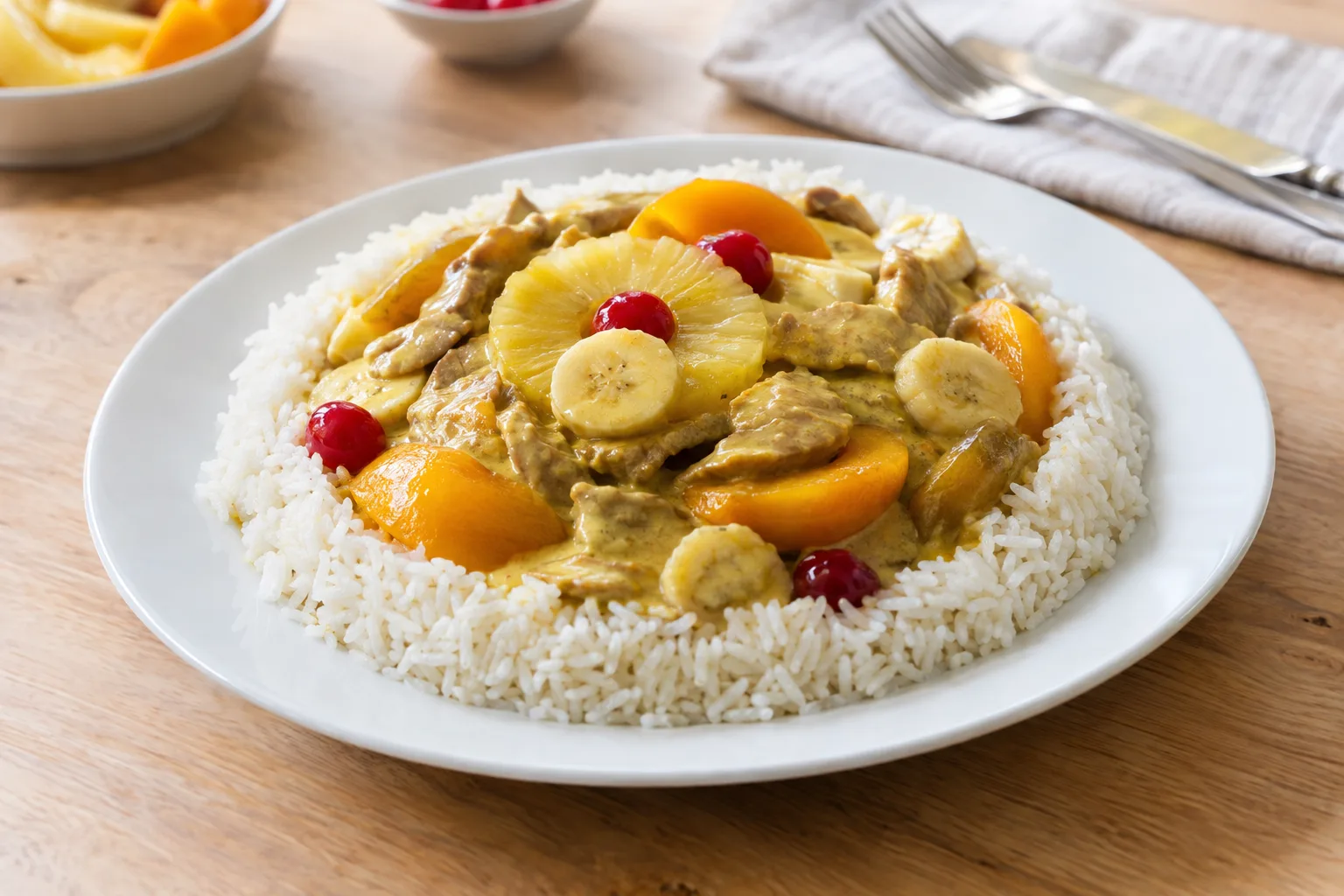 Riz Casimir mit Kalbsgeschnetzeltem und Früchten