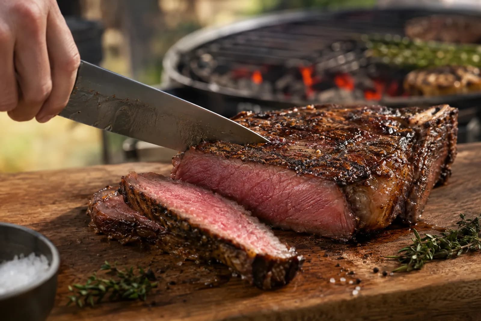 Dickes Hohrückensteak neben zwei Grillzonen vor dem heissen Finish
