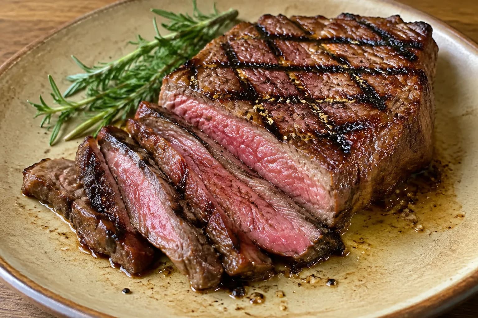 Gegrilltes Rumpsteak mit Rauten-Grillmuster angeschnitten rosa