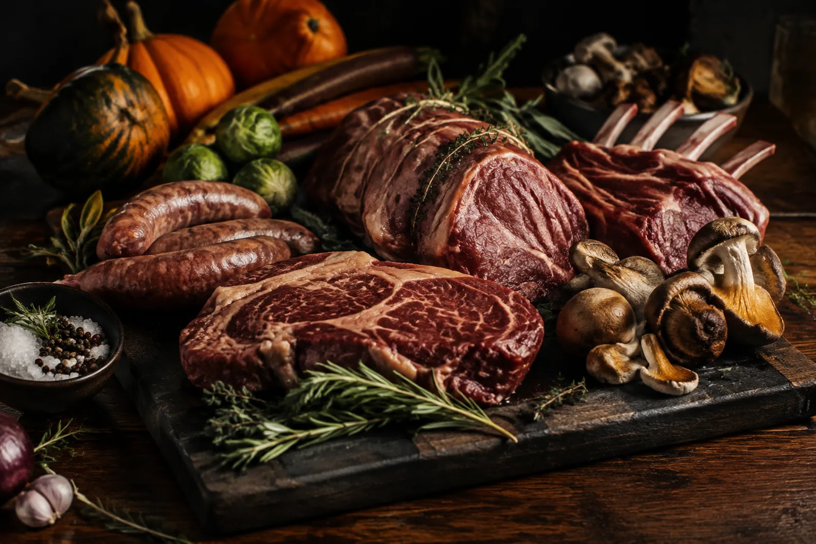 Saisonale Fleischauswahl auf einem Brett: Lammstück, Wild, Rind und herbstliches Gemüse