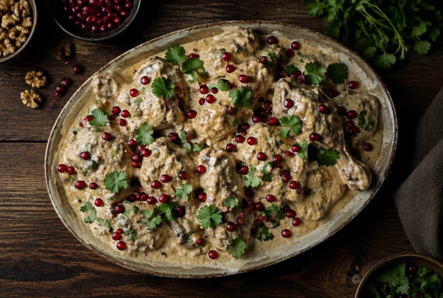 Satsivi: Pouletstücke unter dicker Walnusssauce mit Granatapfelkernen und Koriandergrün