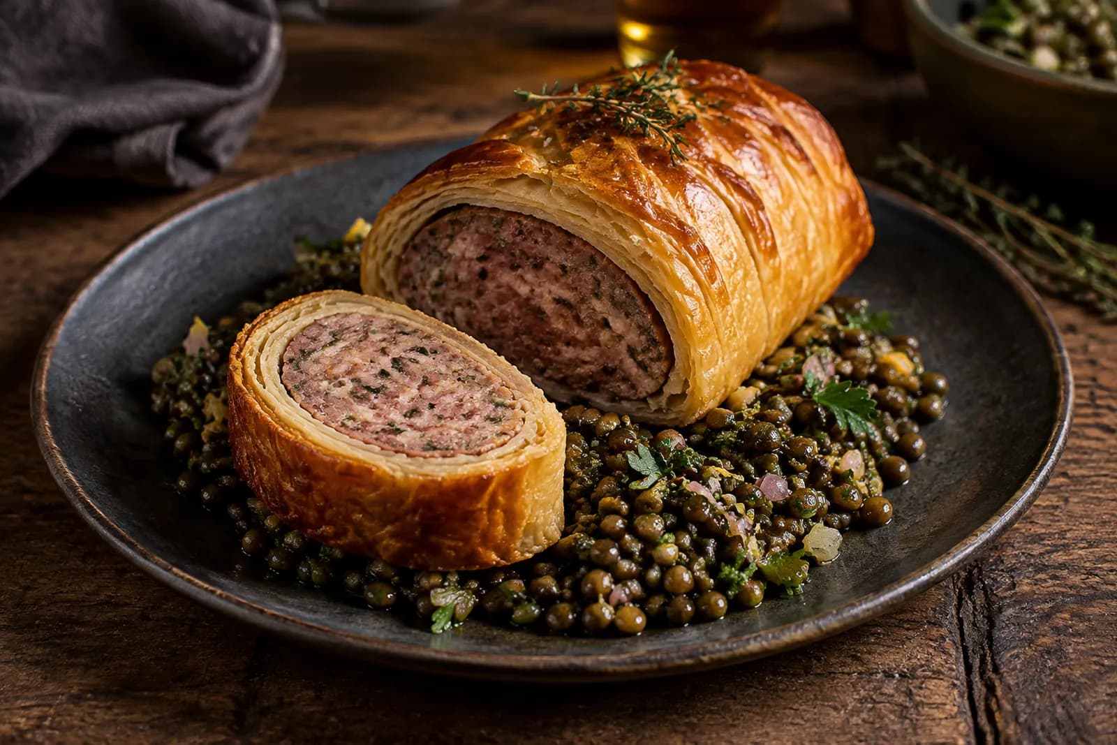 Angeschnittene Saucisson en croûte mit knusprigem Blätterteig auf Linsensalat
