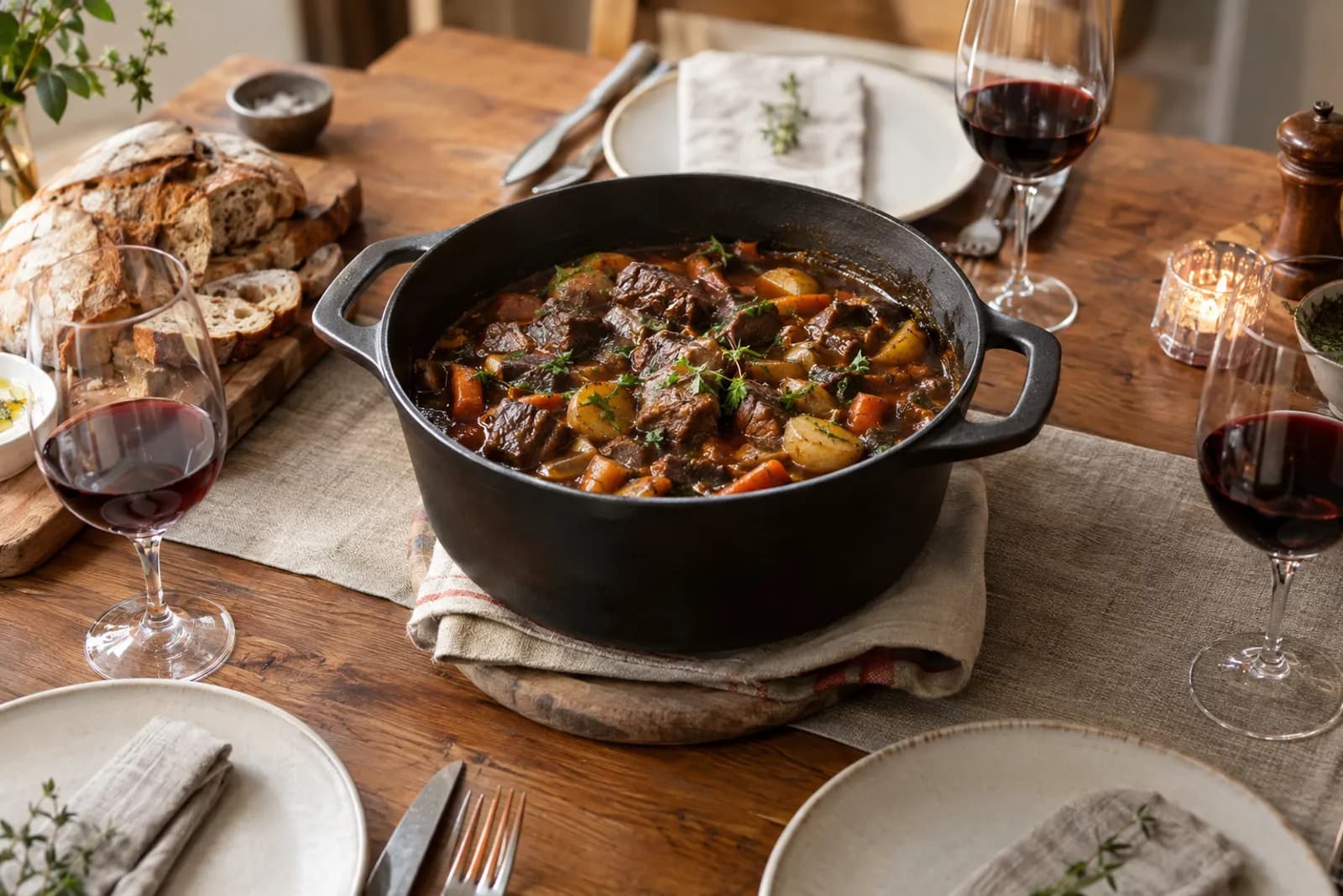Rindsragout mit Gemüse und Sauce in einem grossen Schmortopf für Gäste
