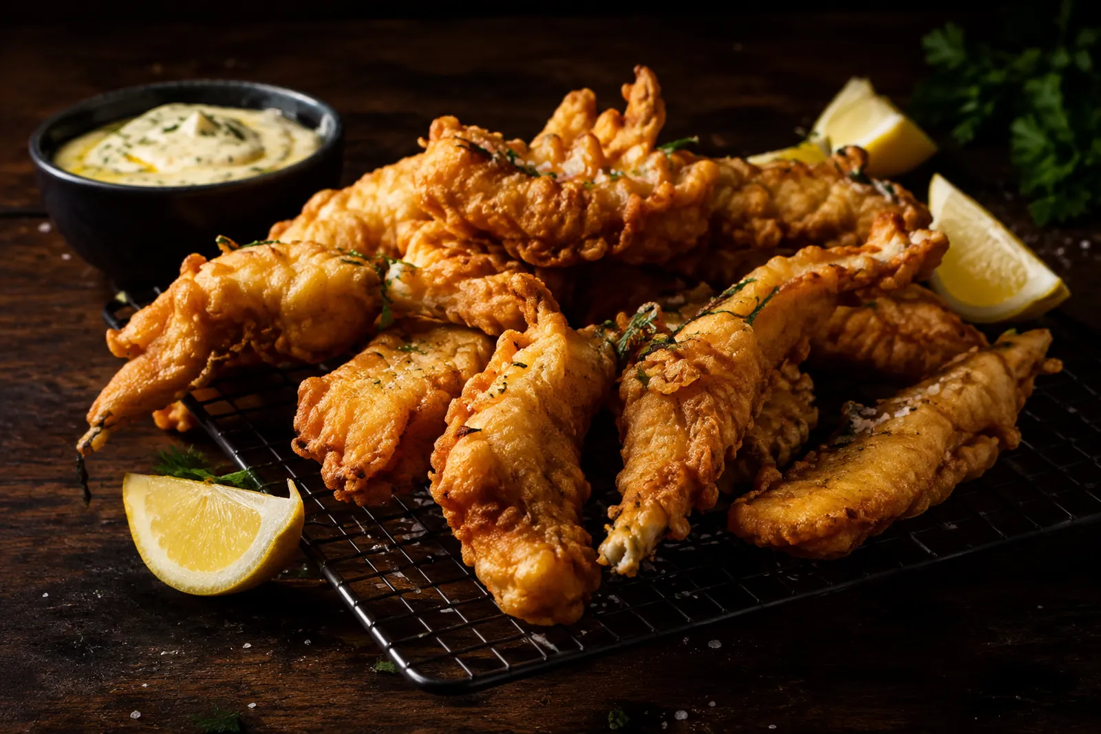 Goldbraun frittierte Schweinefleischstreifen im Bierteig auf einem Gitter mit Zitrone