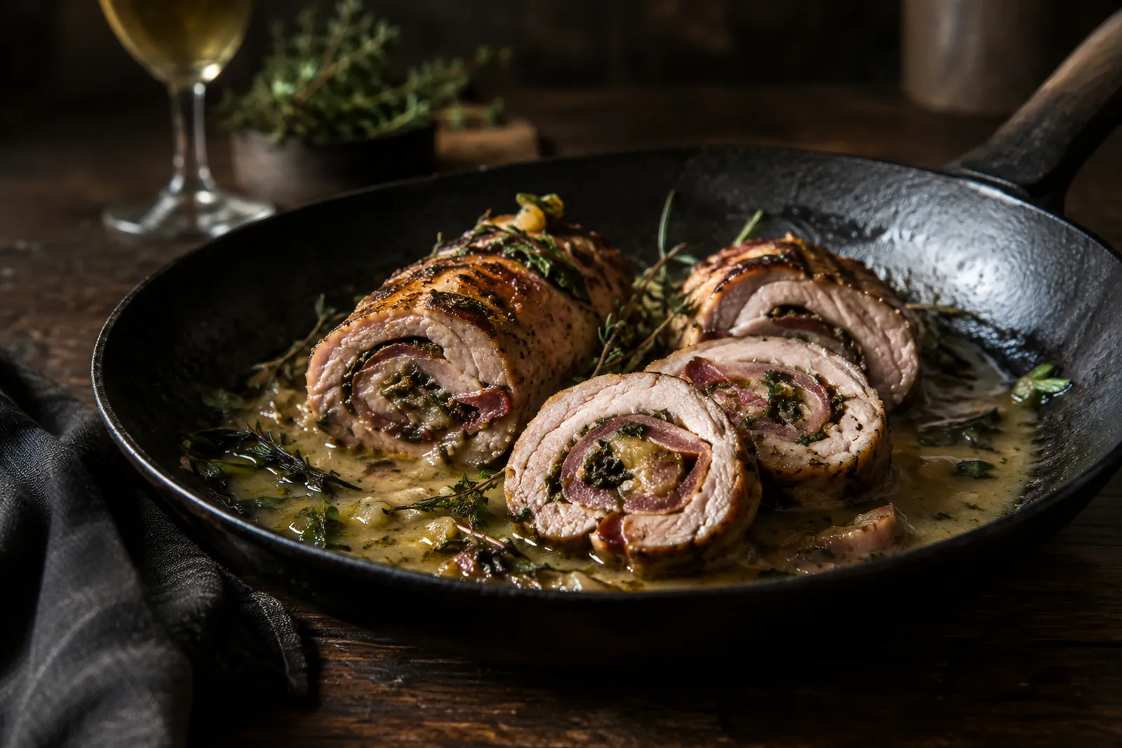Aufgeschnittene Schweins-Involtini mit sichtbarer Kräuterfüllung in Weissweinsauce