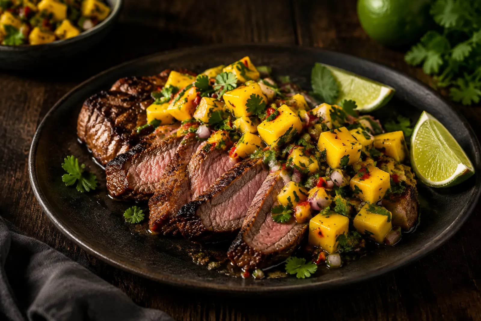 Aufgeschnittenes Schweinssteak mit rosa Kern unter Mango-Limetten-Salsa
