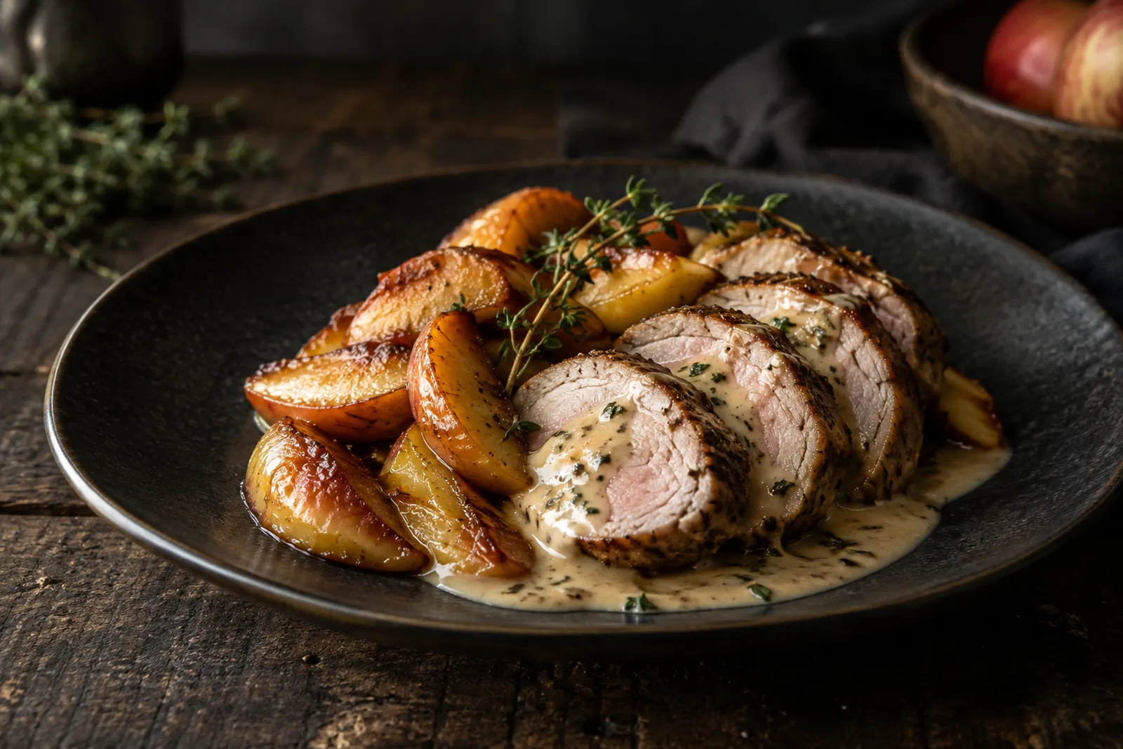Aufgeschnittenes Schweinsfilet mit karamellisierten Apfelspalten und Bratapfelsauce