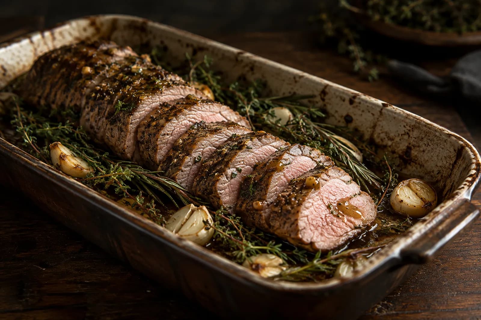 Schweinsfilet niedergaren auf Kräuterbett