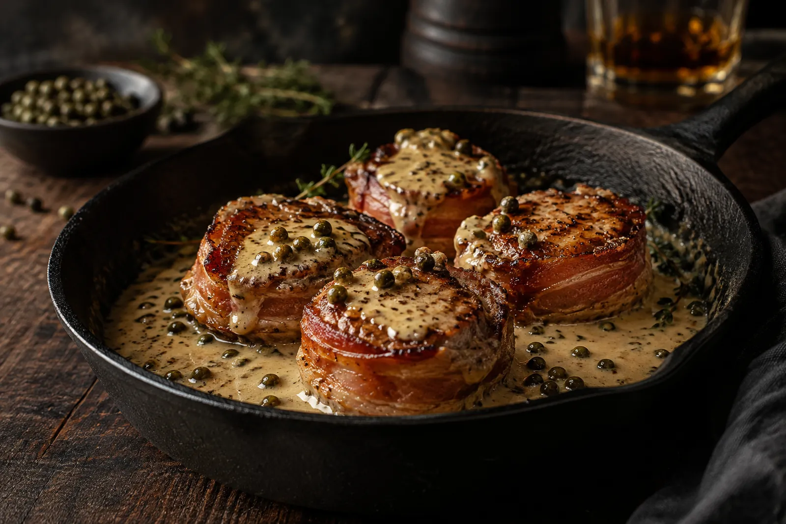 Schweinsfiletmedaillons mit Speck an Whisky-Pfeffer-Sauce