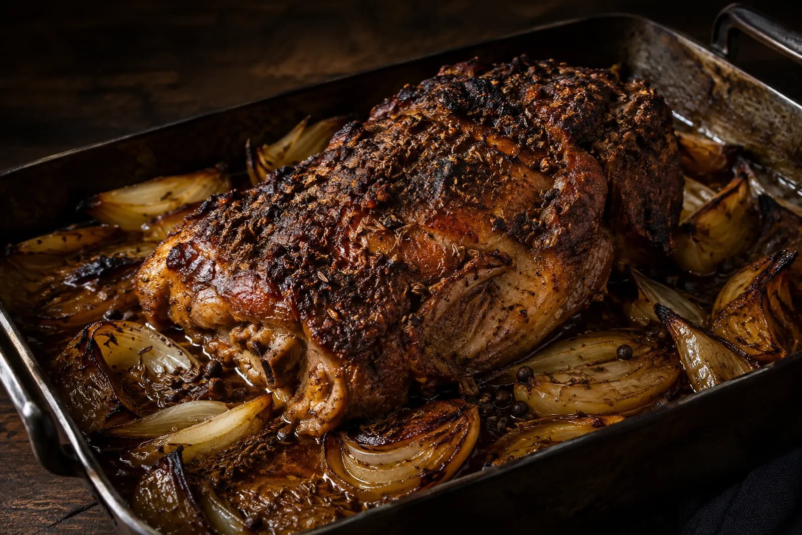 Schweinshals mit Gewürzsalz auf Zwiebeln