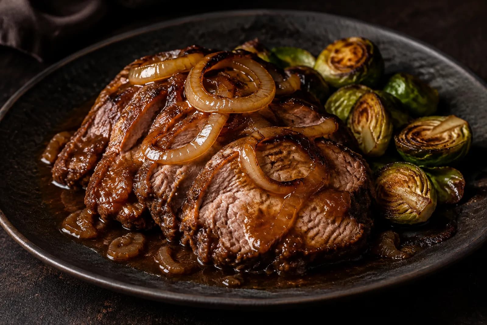 Schweinshals an Zwiebelsauce mit Rosenkohl