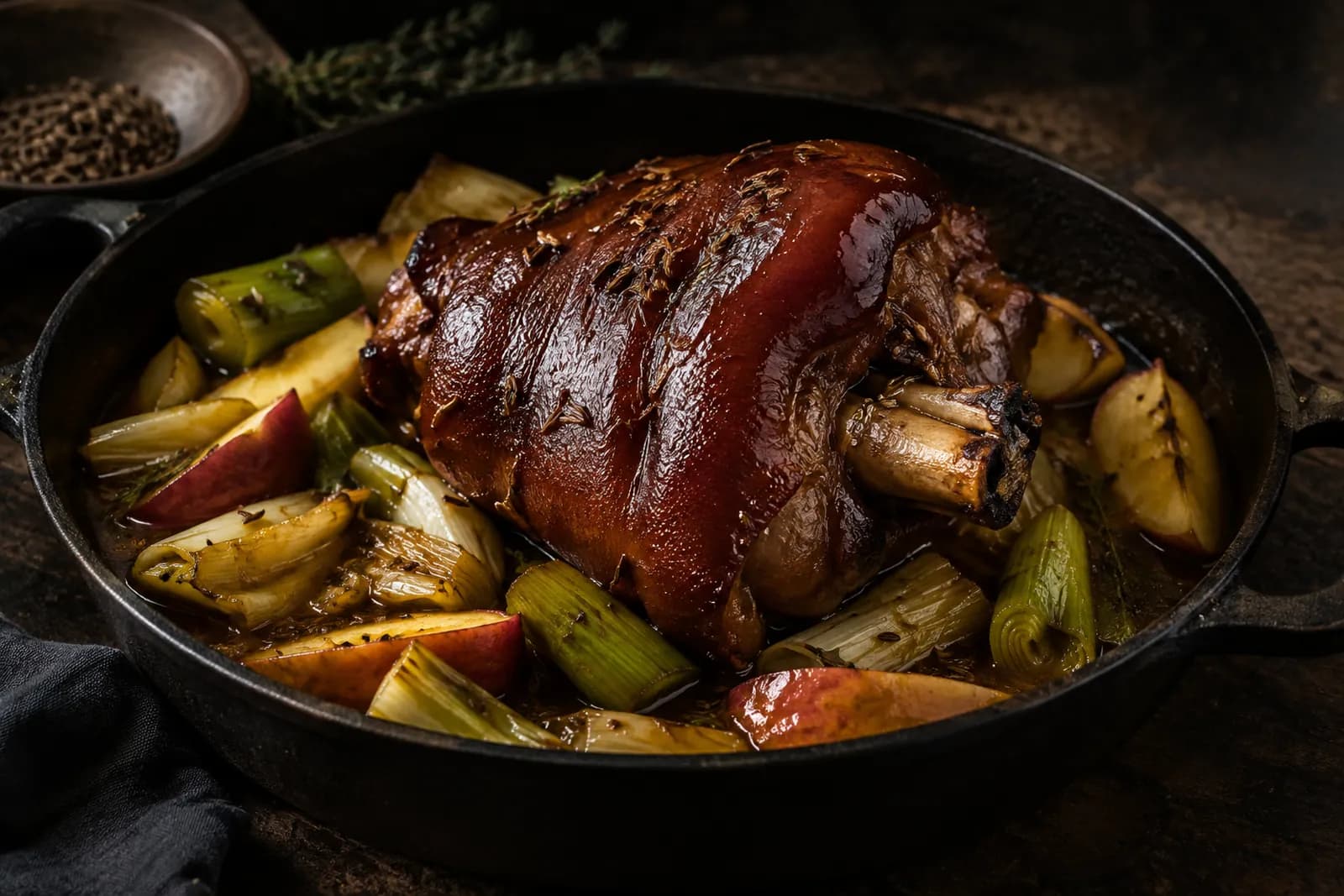 Schweinshaxen mit Kümmel und Lauch